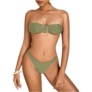 imageMilumia Womens Metal Ring Strapless Bikini Set High Cut Two Piece Bandeau Swimsuit Bathing SuitLime Green