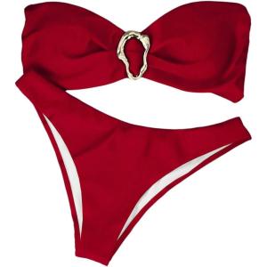 imageMilumia Womens Metal Ring Strapless Bikini Set High Cut Two Piece Bandeau Swimsuit Bathing SuitRed