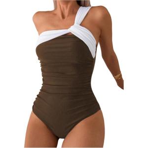 imageMilumia Womens One Shoulder One Piece Swimsuit Colorblock Asymmetrical Neck Bathing SuitBrown