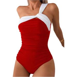imageMilumia Womens One Shoulder One Piece Swimsuit Colorblock Asymmetrical Neck Bathing SuitRed