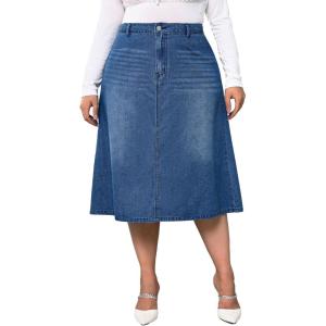 imageMilumia Womens Plus Size Jean Midi Skirt High Waisted A Line Denim Skirts CasualBlue