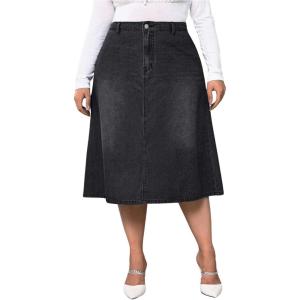 imageMilumia Womens Plus Size Jean Midi Skirt High Waisted A Line Denim Skirts CasualWash Black
