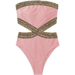 imageMilumia Womens Stitch Detail Strapless One Piece Swimsuit Cut Out Bandeau Bathing SuitPink