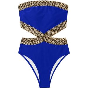 imageMilumia Womens Stitch Detail Strapless One Piece Swimsuit Cut Out Bandeau Bathing SuitRoyal Blue
