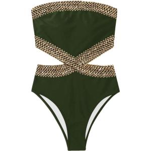 imageMilumia Womens Stitch Detail Strapless One Piece Swimsuit Cut Out Bandeau Bathing SuitSolid Army Green