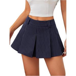 imageMilumia Womens Striped Low Waisted Pleated Mini Skirt Y2k Trendy Short Skater SkirtsDark Blue