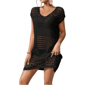 imageMilumia Womens Swimsuit Short Sleeve Crochet Swim Cover Up Knit Bathing Suit Beach DressBlack