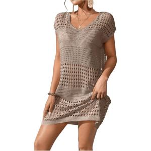 imageMilumia Womens Swimsuit Short Sleeve Crochet Swim Cover Up Knit Bathing Suit Beach DressKhaki