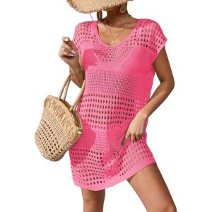 imageMilumia Womens Swimsuit Short Sleeve Crochet Swim Cover Up Knit Bathing Suit Beach DressPink
