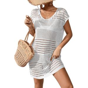 imageMilumia Womens Swimsuit Short Sleeve Crochet Swim Cover Up Knit Bathing Suit Beach DressWhite