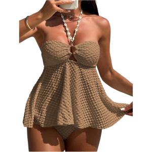 imageMilumia Womens Tankini Sets Two Piece Halter Cut Out Bathing Suits Tummy Control Swimsuit Flowy SwimwearCoffee Brown