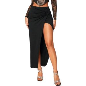 imageMilumia Womens Twist Front Slit Thigh Long Skirt High Waisted Asymmetrical Maxi SkirtsBlack