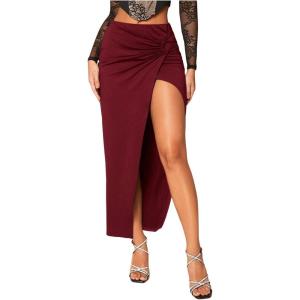 imageMilumia Womens Twist Front Slit Thigh Long Skirt High Waisted Asymmetrical Maxi SkirtsBurgundy