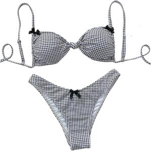 imageMilumia Womens Y2k Gingham Print Bikini Swimsuit 2 Piece Bow Decor Bathing SuitsBlack and White