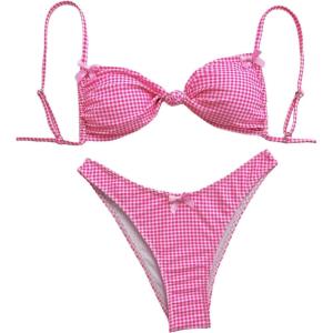 imageMilumia Womens Y2k Gingham Print Bikini Swimsuit 2 Piece Bow Decor Bathing SuitsPink