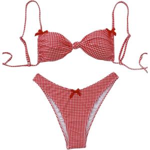imageMilumia Womens Y2k Gingham Print Bikini Swimsuit 2 Piece Bow Decor Bathing SuitsRed