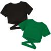 imageMilumia Girls 2 Piece Cut Out Crisscross Tee Crop Tops Short Sleeve Round Neck T ShirtsBlack and Dark Green