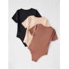imageMilumia Girls 3 Pack Ribbed Knit Bodysuits V Neck Short Sleeve Lettuce Trim Romper Jumpsuit TopsKhaki Black Brown