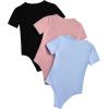 imageMilumia Girls 3 Pack Ribbed Knit Bodysuits V Neck Short Sleeve Lettuce Trim Romper Jumpsuit TopsPink Blue Black