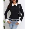 imageMilumia Women Colorblock Rib Knit Long Sleeve Doll Collar Keyhole Back Bodysuit Shirt TopA Black