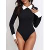 imageMilumia Women Colorblock Rib Knit Long Sleeve Doll Collar Keyhole Back Bodysuit Shirt TopA Black