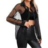 imageMilumia Women Striped Mesh Sheer Button Up Shirt Long Sleeve Drop Shoulder Blouse TopBlack