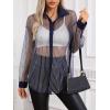 imageMilumia Women Striped Mesh Sheer Button Up Shirt Long Sleeve Drop Shoulder Blouse TopDark Blue