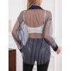 imageMilumia Women Striped Mesh Sheer Button Up Shirt Long Sleeve Drop Shoulder Blouse TopDark Blue