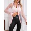 imageMilumia Women Striped Mesh Sheer Button Up Shirt Long Sleeve Drop Shoulder Blouse TopLight Pink