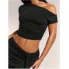 imageMilumia Womens 2 Piece Set One Shoulder Crop Top Tee and Ruched Going Out Mini SkirtBlack