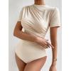 imageMilumia Womens Casual Ruched Mock Neck T Shirt Short Sleeve Tee Bodysuit JumpsuitBeige