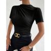 imageMilumia Womens Casual Ruched Mock Neck T Shirt Short Sleeve Tee Bodysuit JumpsuitBlack