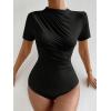 imageMilumia Womens Casual Ruched Mock Neck T Shirt Short Sleeve Tee Bodysuit JumpsuitBlack