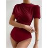 imageMilumia Womens Casual Ruched Mock Neck T Shirt Short Sleeve Tee Bodysuit JumpsuitBurgundy