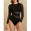 imageMilumia Womens Cut Out Sheer Mesh Long Sleeve Bodysuit Sexy See Through Leotard Shirt TopBlack