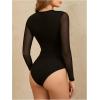 imageMilumia Womens Cut Out Sheer Mesh Long Sleeve Bodysuit Sexy See Through Leotard Shirt TopBlack