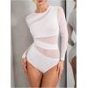 imageMilumia Womens Cut Out Sheer Mesh Long Sleeve Bodysuit Sexy See Through Leotard Shirt TopWhite