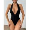imageMilumia Womens Deep V Neck Halter Bodysuit Backless Slim Fit Sexy TopBlack