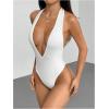 imageMilumia Womens Deep V Neck Halter Bodysuit Backless Slim Fit Sexy TopWhite