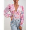 imageMilumia Womens Long Sleeve Deep V Neck Leotard Shirts Elegant Floral Bodysuit TopsPink