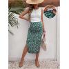 imageMilumia Womens Maternity Outfits 2 Piece Eyelet Ruched Tank Top and Floral Double Slit Midi Skirt SetsGreen