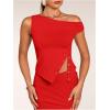 imageMilumia Womens Off One Shoulder Tank Top Asymmetrical Button Hem Going Out Tee ShirtsRed