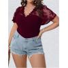 imageMilumia Womens Plus Size Lace Sheer Mesh Bodysuit Short Sleeve Shapewear Jumpsuit Going Out TopBurgundy