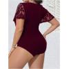 imageMilumia Womens Plus Size Lace Sheer Mesh Bodysuit Short Sleeve Shapewear Jumpsuit Going Out TopBurgundy