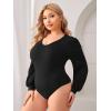 imageMilumia Womens Plus Size V Neck Long Sleeve Bodysuit Leotards Basic Shirts JumpsuitBlack