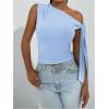 imageMilumia Womens Ruched One Off The Shoulder Tank Tops Asymmetrical Neck Tie Shoulder Going Out TopBlue