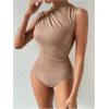 imageMilumia Womens Ruched Tank Top Sleeveless Mock Neck Bodysuit Fitted Jumpsuit TopsBrown