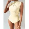imageMilumia Womens Ruched Tank Top Sleeveless Mock Neck Bodysuit Fitted Jumpsuit TopsButter Yellow