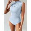 imageMilumia Womens Ruched Tank Top Sleeveless Mock Neck Bodysuit Fitted Jumpsuit TopsLight Blue