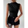 imageMilumia Womens Ruched Tank Top Sleeveless Mock Neck Bodysuit Fitted Jumpsuit TopsSolid Black